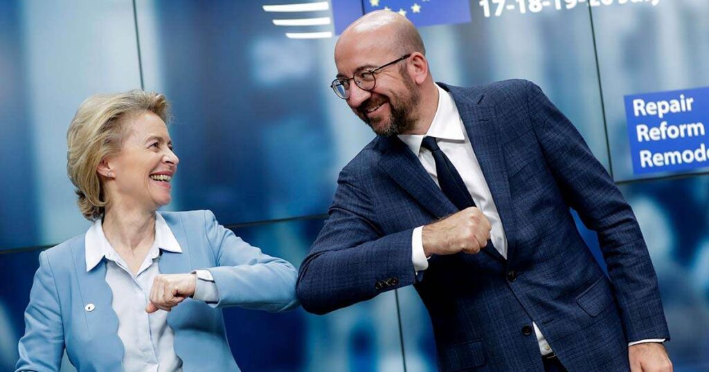Ursula Von Der Leyen and Charles Michel bump elbows following the summit
